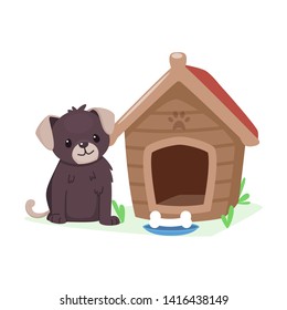 Puppy and doghouse. Cute cartoon animal character. Dog and bone. Vector illustration. 