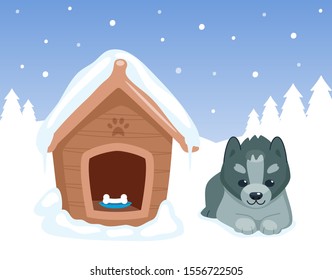 Puppy and doghouse. Dog sitting near his snowing house. Winter forest. Cute cartoon animal character. Vector illustration. 