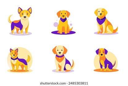 Puppy dogs vector illustrations set. Adorable puppies pets isolated on white background