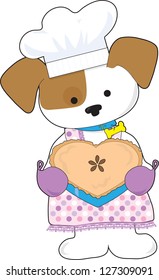 A puppy dressed as a baker, is holding a hot, heart shaped pie for Valentines.