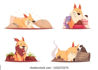 Cachorro durante las bromas con almohada, tierra y basura, cerca del bol con pienso, concepto de diseño ilustración vectorial aislada 