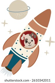 Puppy explorer in a rocket sailing through space