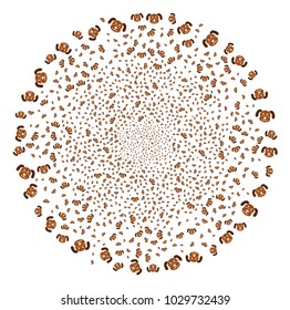 Puppy explosion spheric cluster. Object pattern created from random puppy pictographs as burst sphere. Vector illustration style is flat iconic symbols.