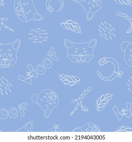 Puppy faces. Dogs, twigs with leaves and lettering on a blue background. Cute childish illustration in a linear style. For nursery and wallpaper, printing on fabric, wrapping