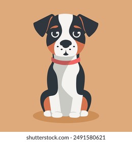 Puppy flat vector illustration. Sitting spotted dog with white, brown and black spots. Minimalistic modern style