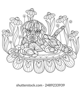 Puppy and flower garden hand drawn for adult coloring book