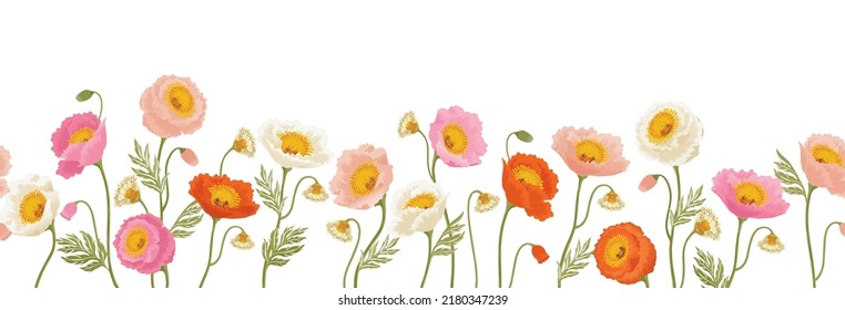  Puppy flowers border Isolated realistic blossom, branches, leaves vector image. Hand drawn sketch based line art vector illustration 	