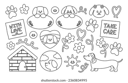 Puppy, flowers and cute element outline drawing for colouring page, colouring book, dog tattoo, pet sticker, vet or pet shop decoration, logo, paw icon, fabric print, background, social media post