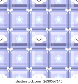 Puppy, flowers on a purple checkered background, fabric pattern, gift wrap paper , seamless pattern 