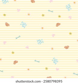 Puppy, flowers, pink ribbon on pastel yellow stripe background for cute wallpaper, backdrop, animal print, duvet, picnic blanket, curtain, pyjamas, kid pattern, pet shop, costume, dog fabric, textile