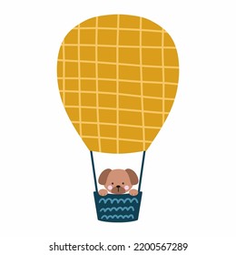 Puppy flying in air balloon. Cute dog. Poster for nursery. Vector illustration in cartoon style.