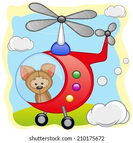 Puppy is flying in a helicopter 