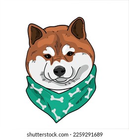 Puppy funny dog Shiba inu. 
Cute Shiba Inu dog in a scarf  print with bones. Humor card, t-shirt composition, hand drawn style print. 