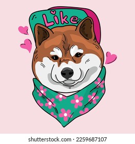 El perro chistoso chiba inu. 
Perro chiba chiba inu en una huella de bufanda con flores. Tarjeta de humor, composición de camisetas, impresión a mano.  Leer como