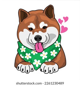 Puppy funny dog Shiba inu. 
Cute Shiba Inu dog in a scarf  print with flowers. Humor card, t-shirt composition, hand drawn style print. 