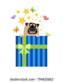 Puppy gift box. Dog in present box vector illustration for greeting card