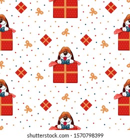Puppy in gift red box with gifts, bows and dots on white background. Seamless vector holiday pattern.