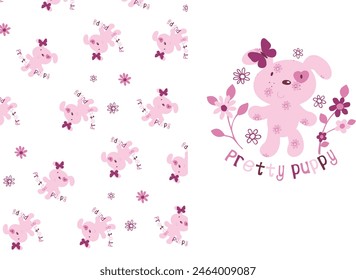 Puppy graphics. Hand drawn illustration with cute little Puppy face and seamless pattern. Puppy animal character. Baby poster, nursery wall art,