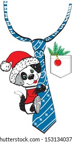 puppy in a green Santa's cap hanging on a tie on snows & pocket with Christmas tree branch vector illustration
