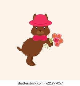 Puppy in a hat. Dog holding flowers. Vector illustration.