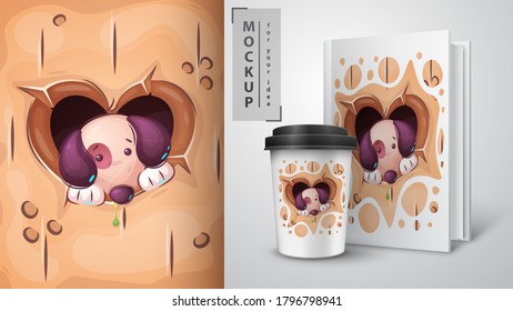 Puppy in heart hole - poster and merchandising. Vector eps 10