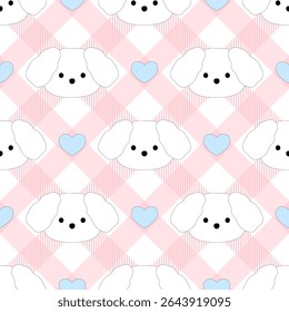 Puppy heart on white background, pink checkered ,fabric pattern, gift wrapping paper, seamless pattern 
