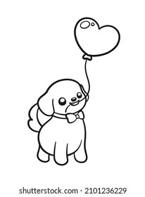 Puppy with heart shaped balloon outline illustration. Valentine's day Coloring book page activity for kids.