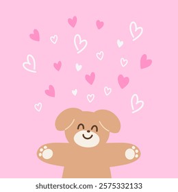 Puppy with hearts on pink background for Valentine's Day card, love sign, cartoon character, wallpaper, happy anniversary, backdrop, love letter, post card, standee, poster, wedding card, pet shop	