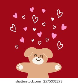 Puppy with hearts on red background for Valentine's Day card, love sign, cartoon character, wallpaper, happy anniversary, backdrop, love letter, post card, standee, poster, wedding card, pet shop	
