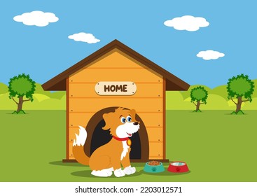 Puppy with his wood house and food bowls vector illustration