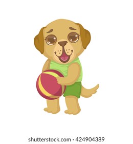 Puppy Holding The Ball Colorful Illustration In Cute Girly Cartoon Style Isolated On White Background