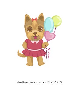 Puppy Holding Balloons Colorful Illustration In Cute Girly Cartoon Style Isolated On White Background