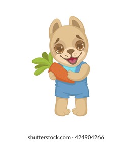 Puppy Holding A Carrot Colorful Illustration In Cute Girly Cartoon Style Isolated On White Background