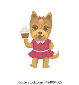 Puppy Holding A Cupcake Colorful Illustration In Cute Girly Cartoon Style Isolated On White Background
