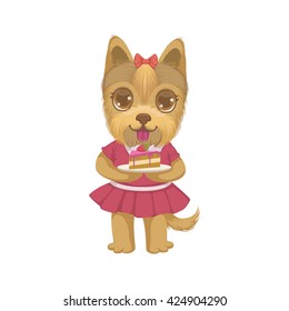 Puppy Holding A Piece Of Cake Colorful Illustration In Cute Girly Cartoon Style Isolated On White Background