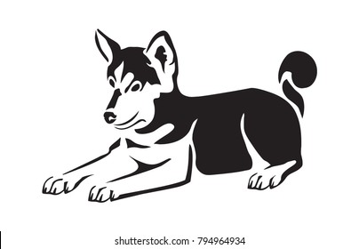 Puppy husky isolated on white background. Laser cutting template. Stencil. Dog silhouette.