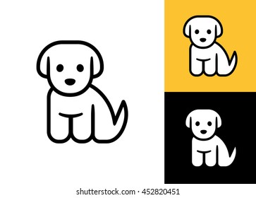Puppy icon isolated on white, black and yellow background. Cute little cartoon dog vector illustration. Vet or pet shop logo.