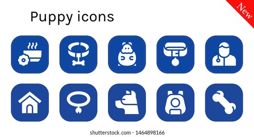 puppy icon set. 10 filled puppy icons.  Collection Of - Bowl, Collar, Hamster, Veterinarian, Dog house, Dog, Pet, Bone