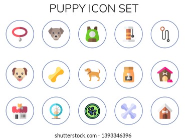 puppy icon set. 15 flat puppy icons.  Collection Of - collar, dog, dog food, pet, scratcher, leash, pet house, pet shop, hamster, bone, dog house