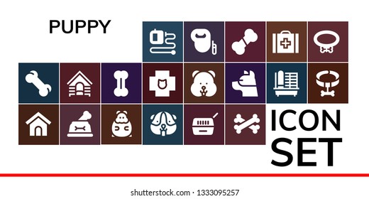 puppy icon set. 19 filled puppy icons.  Collection Of - Extending leads, Bone, Dog house, Dog, Hamster, Pet, Bones, Veterinary, Cage, Collar, Leash dog