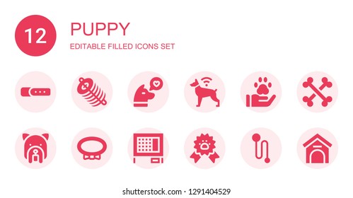 puppy icon set. Collection of 12 filled puppy icons included Collar, Dung, Dog, Pawprint, Rabbit hutch, Paw ribbon, Leash, Bones, Kennel