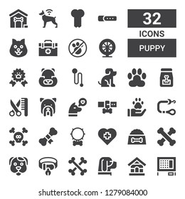 puppy icon set. Collection of 32 filled puppy icons included Rabbit hutch, Dog house, Dog, Bones, Collar, Dog food, Veterinary, Bone, Leash, Pawprint, Grooming, Paw, Pet, Hamster