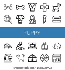 puppy icon set. Collection of Bones, Paw print, Bone, Dog, Veterinarian, Veterinary, Hedgehog, Collar, Dog food, Bird cage, No pets, Pet shop icons