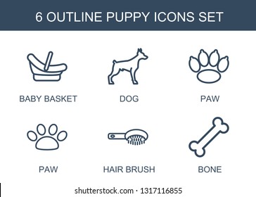 puppy icons. Trendy 6 puppy icons. Contain icons such as baby basket, dog, paw, hair brush, bone. puppy icon for web and mobile.