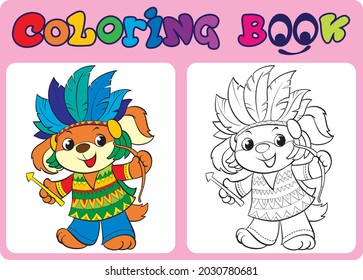 Puppy in Indian costume. Cartoon character.Coloring.