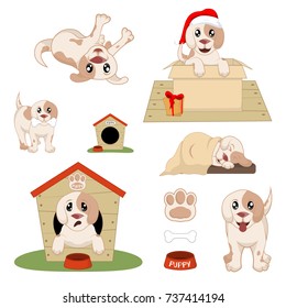 Puppy Installed Funny Cartoon Puppy in Different Poses. Puppy in the box, in the hat of Santa
