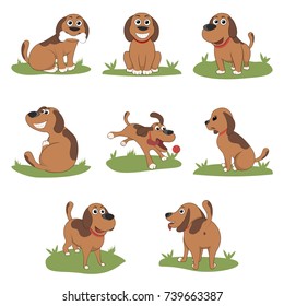 Puppy Installed Funny Cartoon Puppy in Different Poses. Puppy in the box, in the hat of Santa