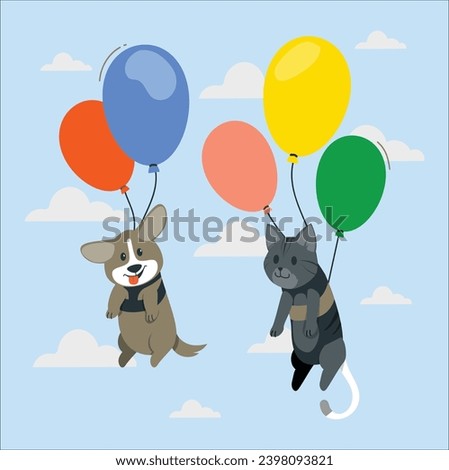 puppy and kitten floating or flying with air balloon with sky and clouds background. Fantastic surreal fantasy phantasmagoric. Freedom concept. Imagination. Surrealism. dog and cat floating. 2508