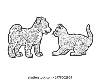 puppy and kitten line art sketch engraving vector illustration. T-shirt apparel print design. Scratch board imitation. Black and white hand drawn image.