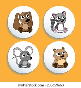 Puppy, kitten, mouse and hamster are shown on badges or buttons. A set of funny characters for design. vector illustration
